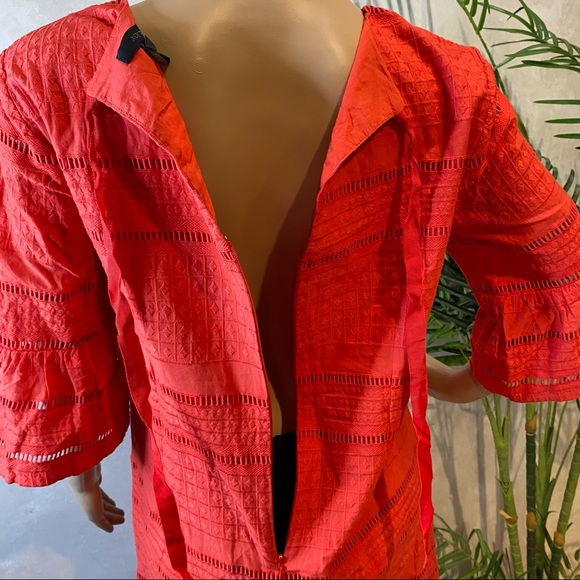 J Crew Coral Red Eyelet Embroidered Tie Neck Flutter Sleeve Shift Dress Size 4. - Picture 4 of 11
